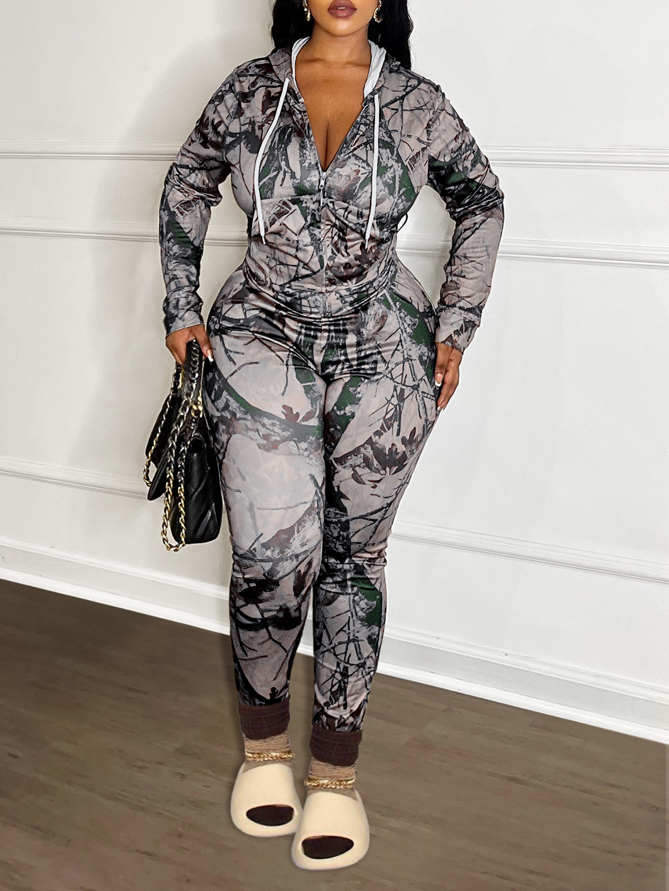 LW Plus Size Pocket Design Mixed Print Two-piece Pants Set 0X